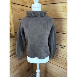 Handmade Chunky Knit Turtleneck Sweater Taupe Brown Ribbed Pullover Cozy Boho